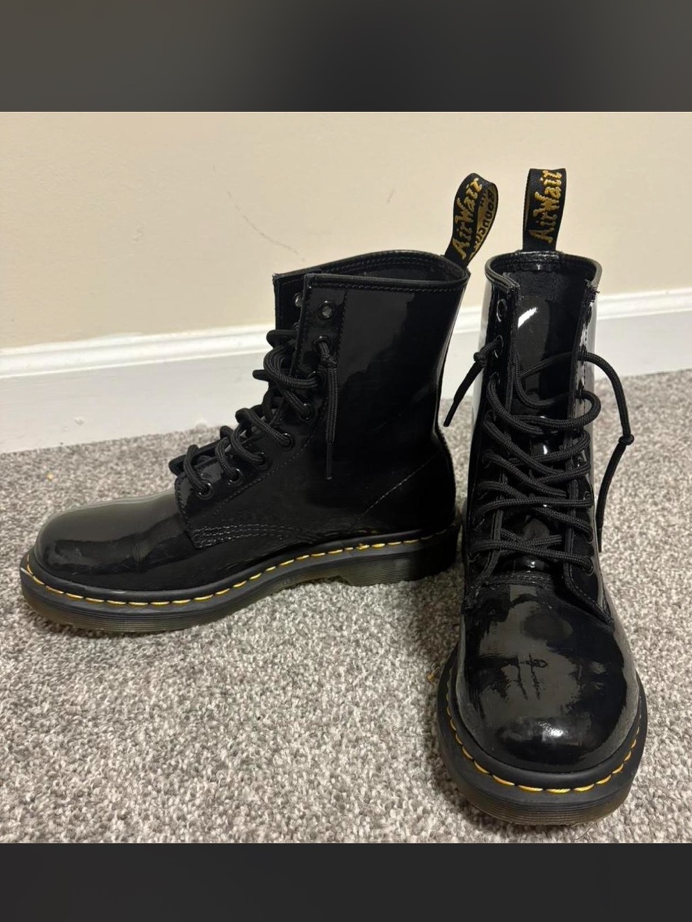 Dr. Martens Black Patent Leather 8-Eye Lace-Up Boots with Yellow Stitching